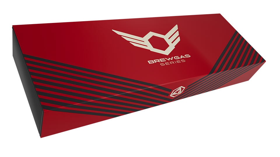 Red Brewgas Series box with geometric design and white logo.