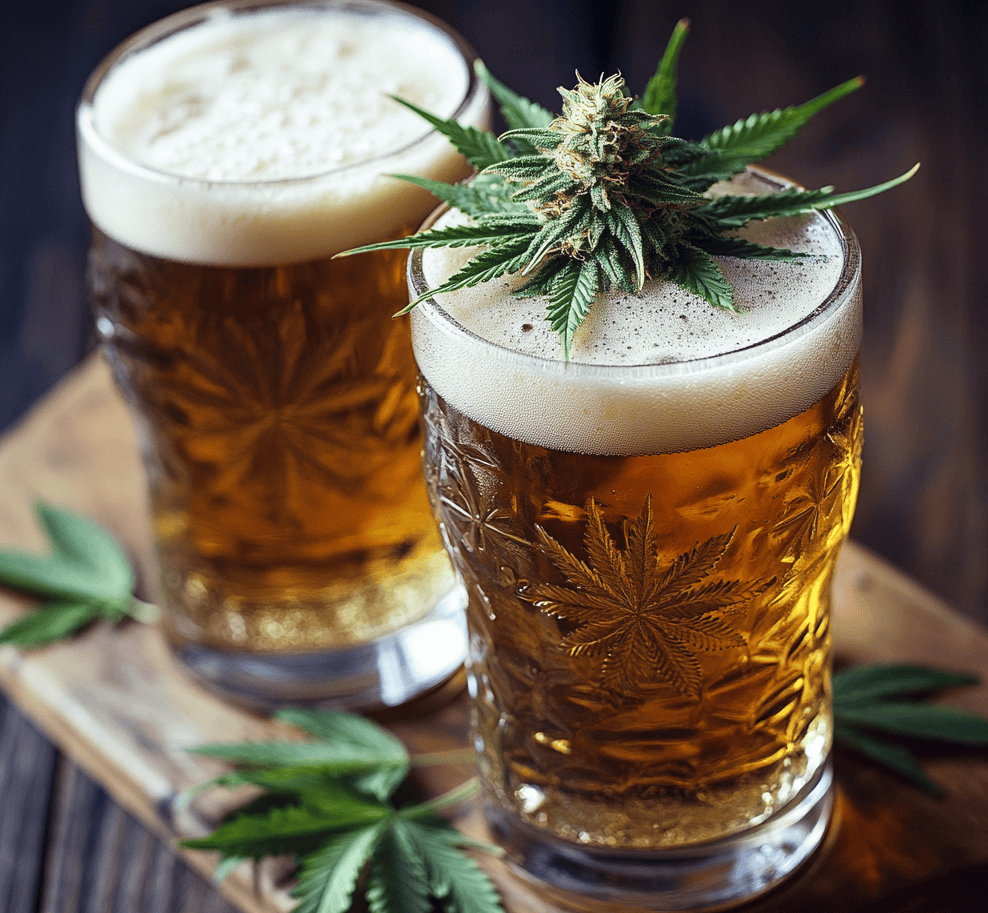 A photo two glasses of beer topped with cannabis flower garnish