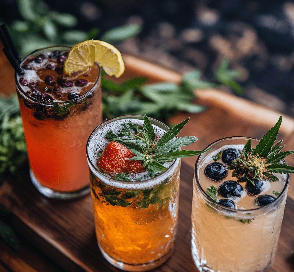 A photo of delicious-looking mocktails with cannabis leaf garnish